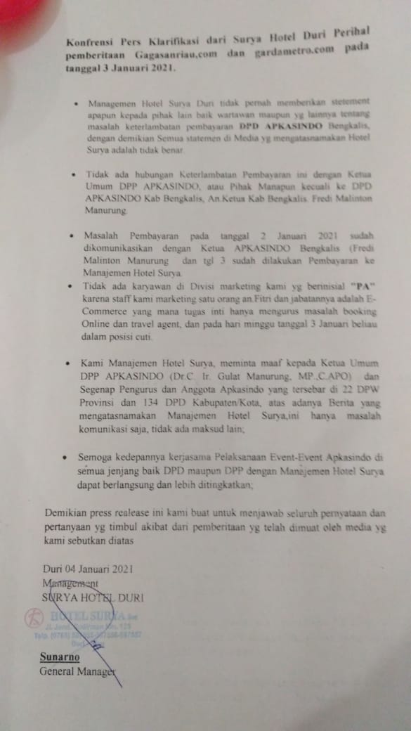 Manajemen Surya Hotel Duri Klarifikasi Persoalan dengan DPD Apkasindo