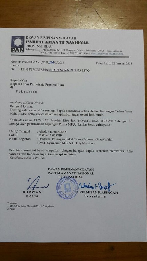 Kadispar Riau Tidak Ada Keluarkan Surat Larang Penggunaan Purna MTQ Deklarasi Paslon Syamsuar-Edy Natar