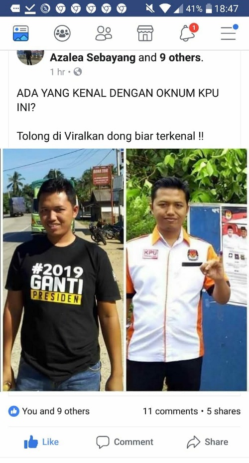 Ternyata Anggota PPS Kampar, Photo Lelaki Pakai Kaos #2019GANTIPRESIDEN, Dan Berbaju KPU