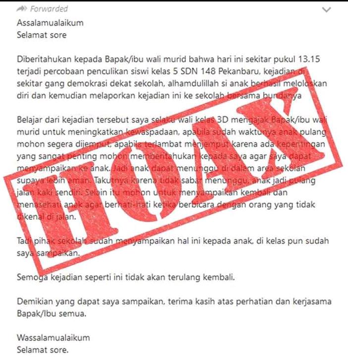 Polda Riau Klarifikasi Hoaks Penculikan Anak SD 148 Pekanbaru