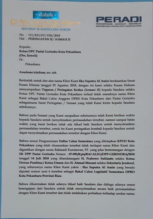 Soal Kangkangi SK DPP, Untuk Kedua Kali Ketua DPC Gerindra Pekanbaru Disomasi Kadernya